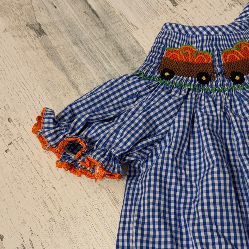 Banana Split Pumpkin Farm Gingham Kids Smocked Dress with Tractor Design - Picture 3 of 9